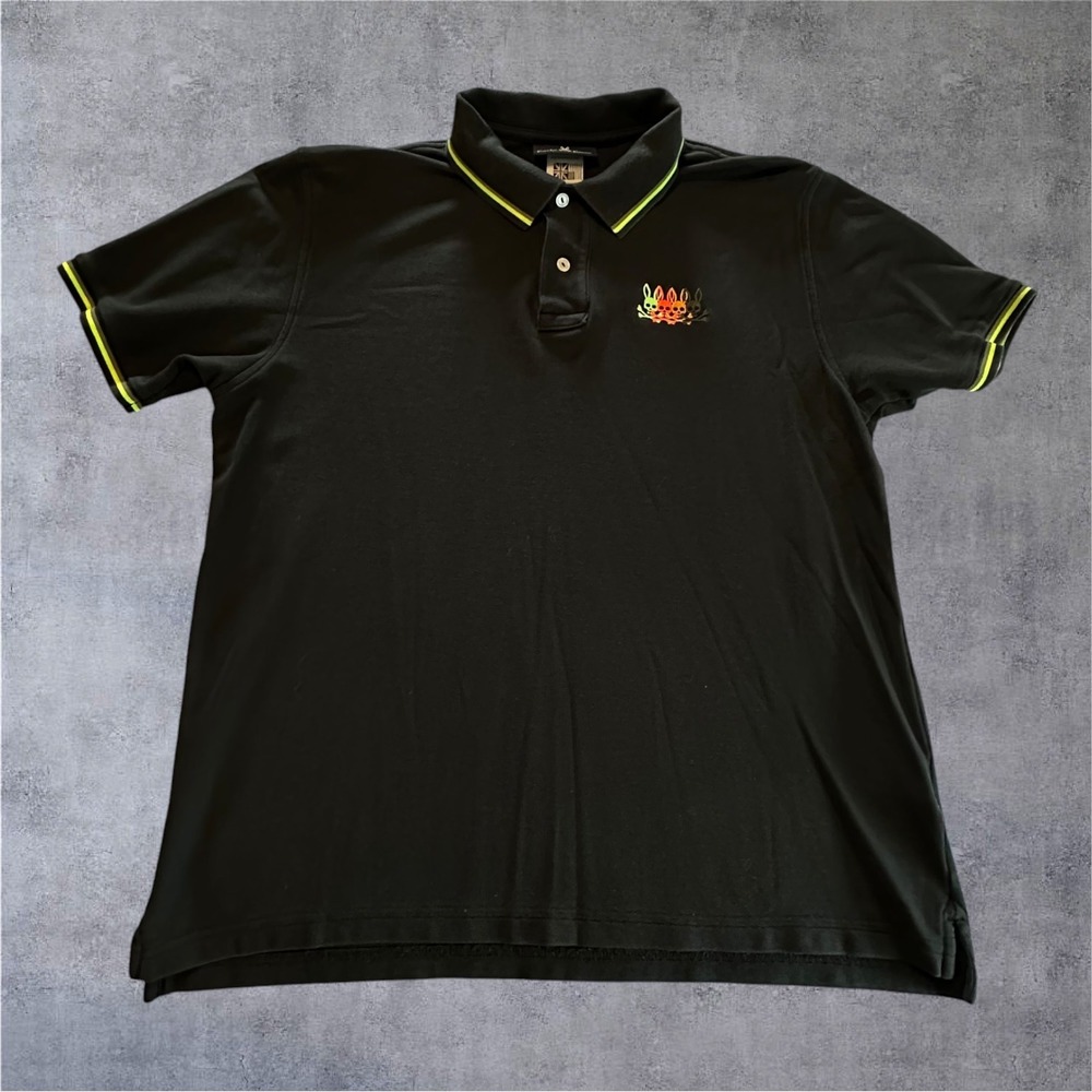 Psycho Bunny Polo Shirt Mens 6 L Black Multi Logo Neon Tipping Pima